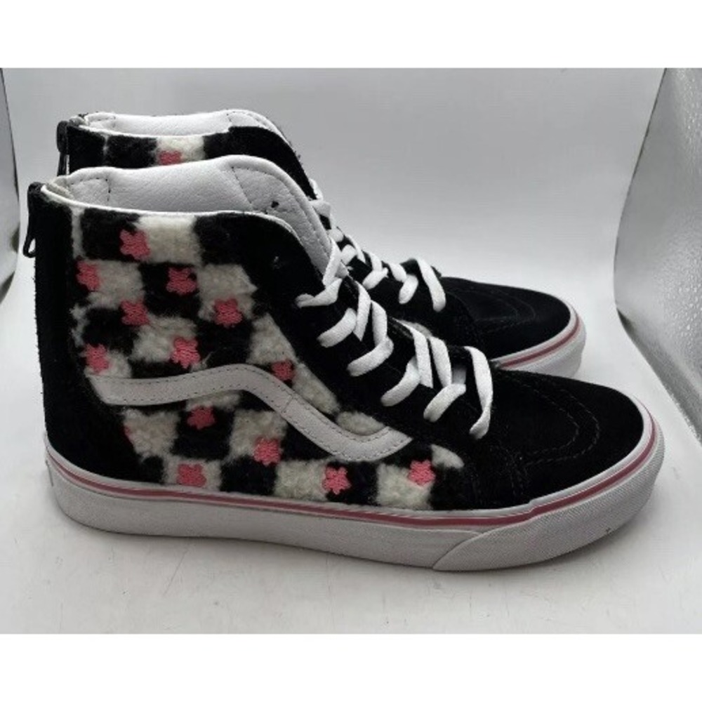 VANS Sk8-Hi Zip Black White Checkered Floral Skate Shoes Sneakers Kids 5Y